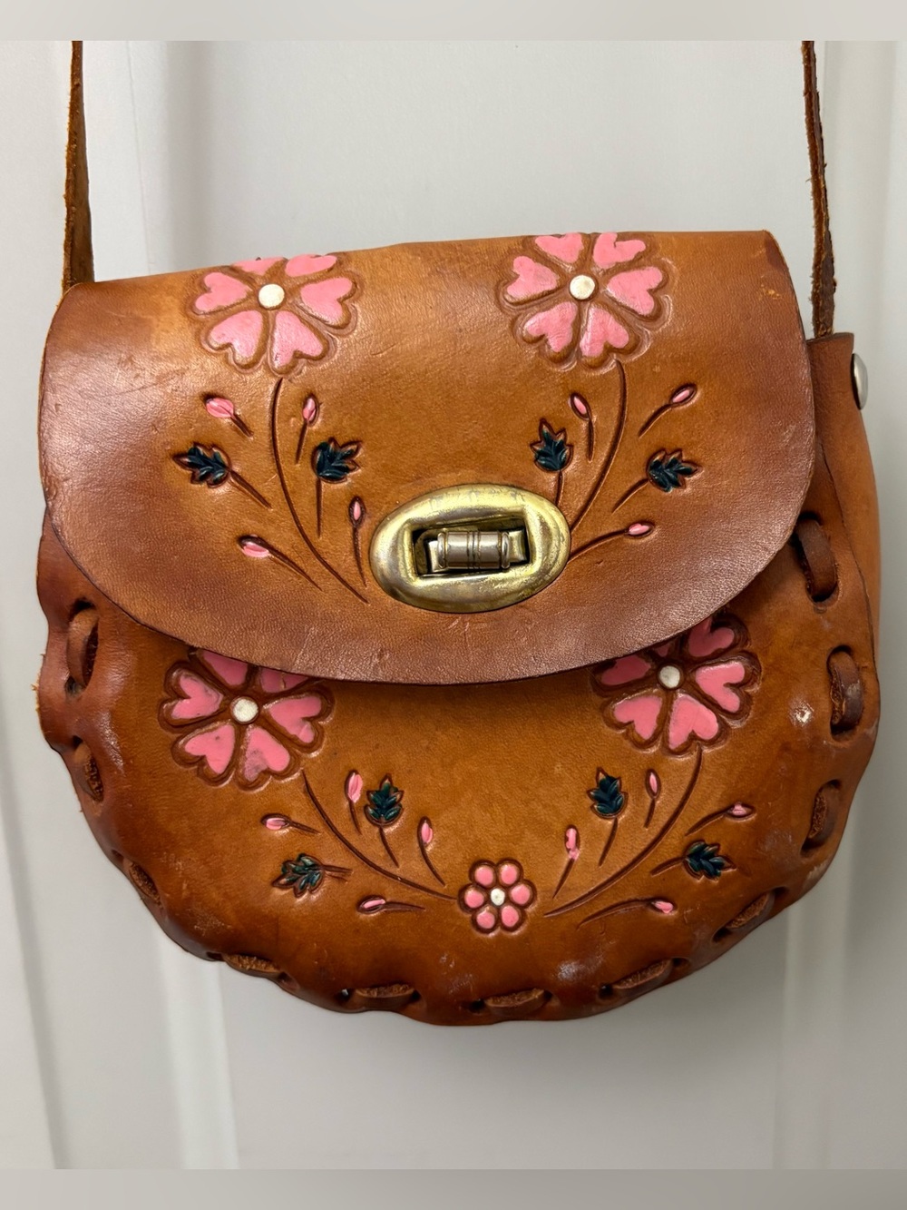 Vintage Brown Leather Crossbody with Pink Floral Detail